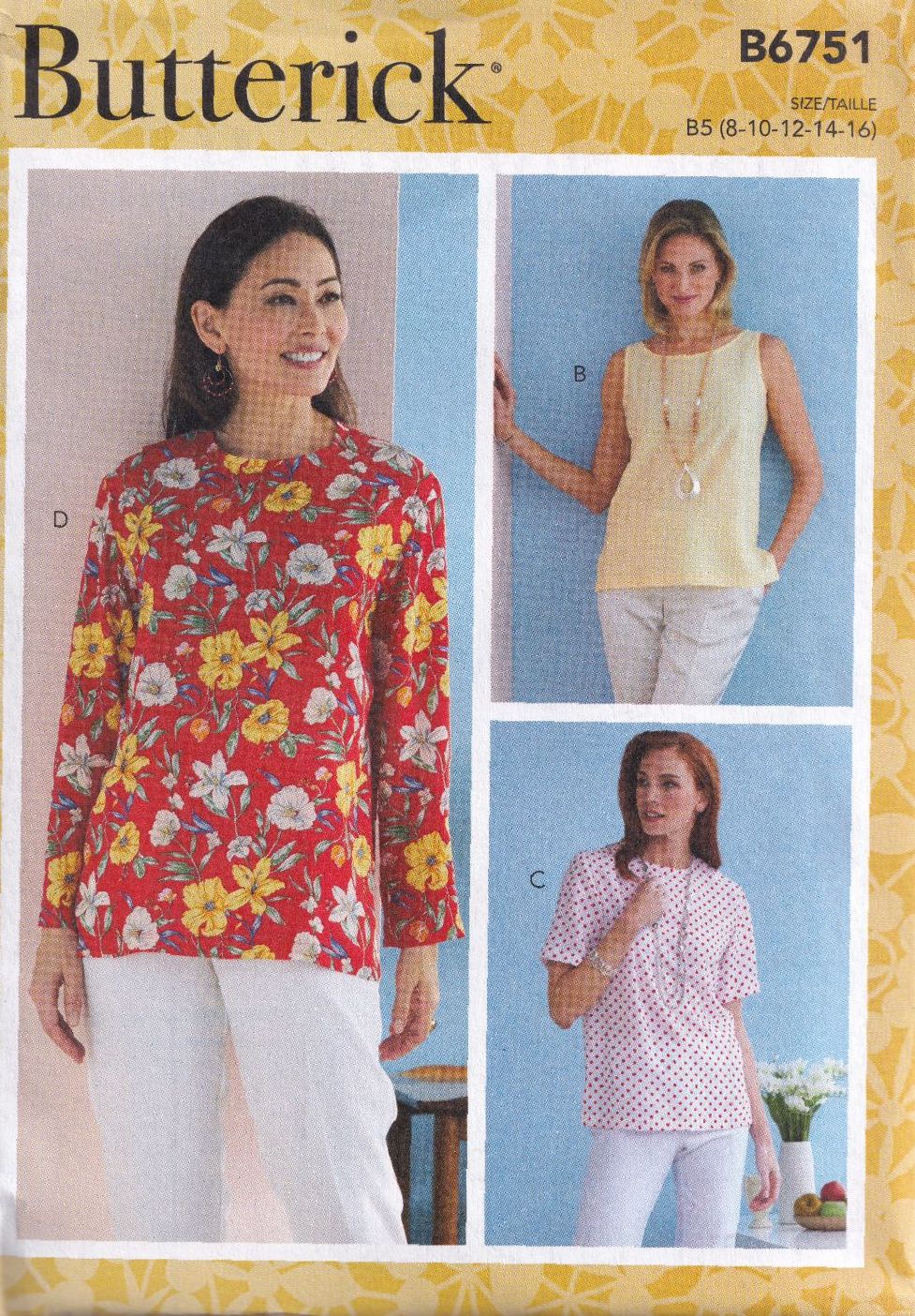 BUTTERICK B6751 TOPS SEWING PATTERN- SIZE B5(8,10,12,14,16)
