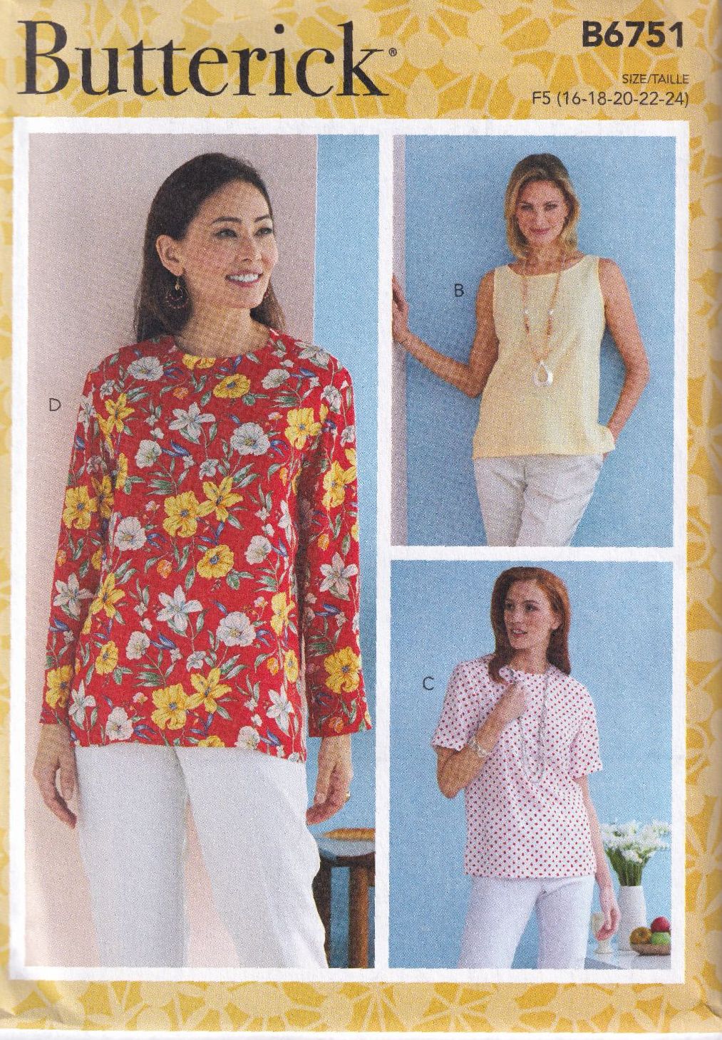 BUTTERICK B6751 TOPS SEWING PATTERN- SIZE F5(16,18,20,22,24)