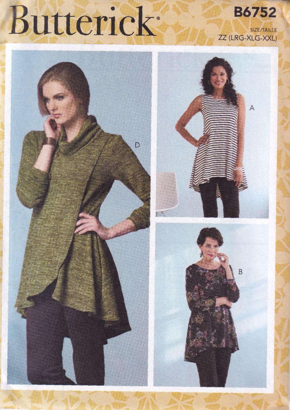 BUTTERICK B6752 TUNIC SEWING PATTERN- SIZE ZZ(L,XL,XXL)