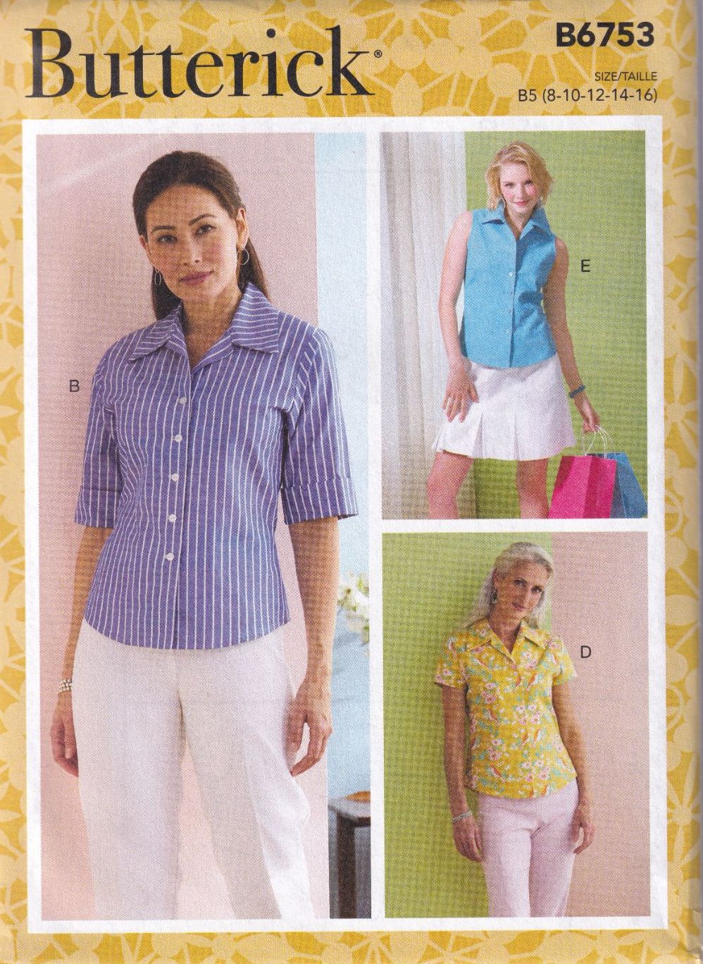 BUTTERICK B6753 SHIRTS SEWING PATTERN-SIZE B5 (8,10,12,14,16)