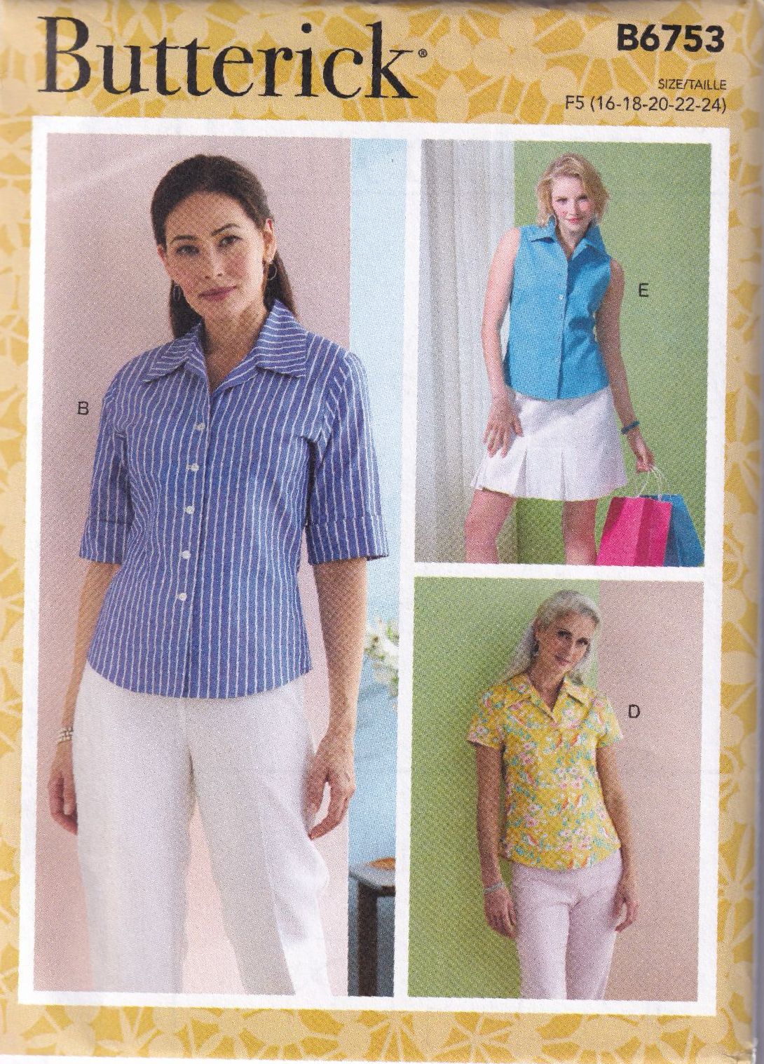 BUTTERICK B6753 SHIRTS SEWING PATTERN-SIZE F5 (16,18,20,22,24)