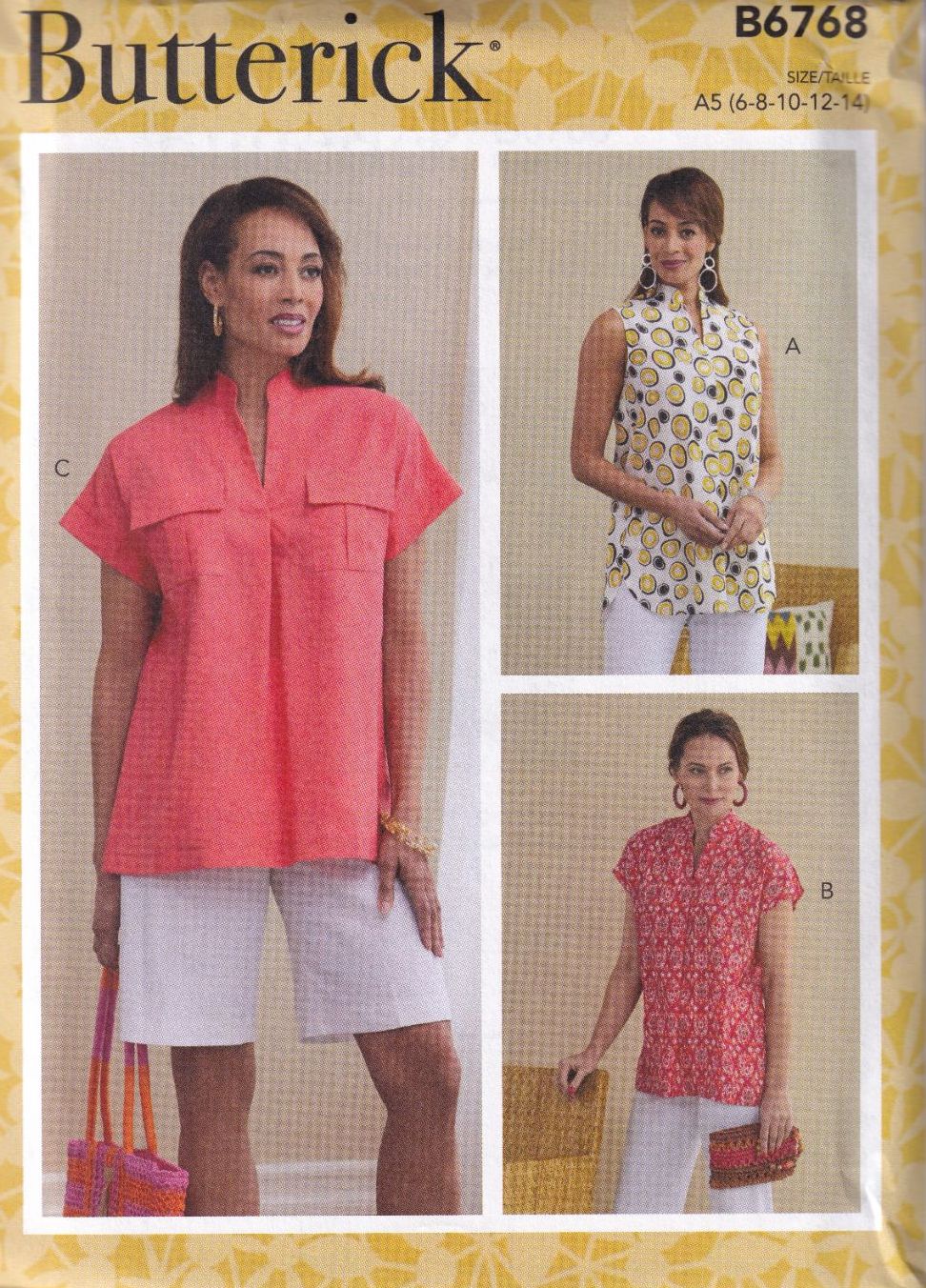 BUTTERICK B6768 TOPS SEWING PATTERN-SIZE A5 (6,8,10,12,14)