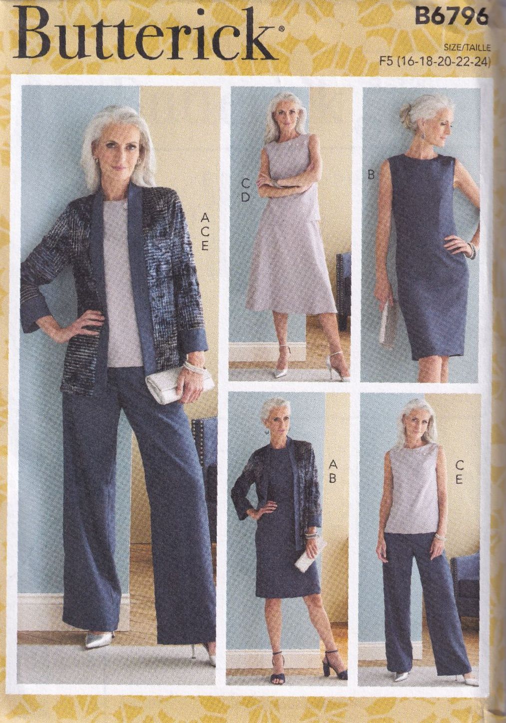 BUTTERICK B6796 JACKET, DRESS, TOP, SKIRT AND PANTS SEWING PATTERN-SIZE F5(