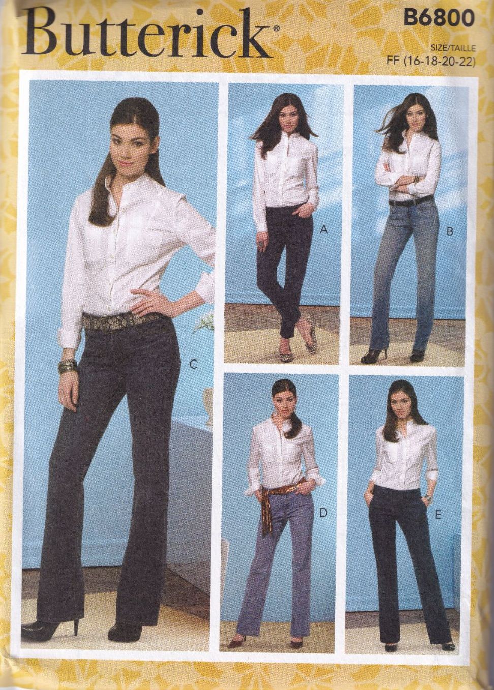BUTTERICK B6800 JEANS AND TROUSERS SEWING PATTERN- SIZE FF (16,18,20,22)