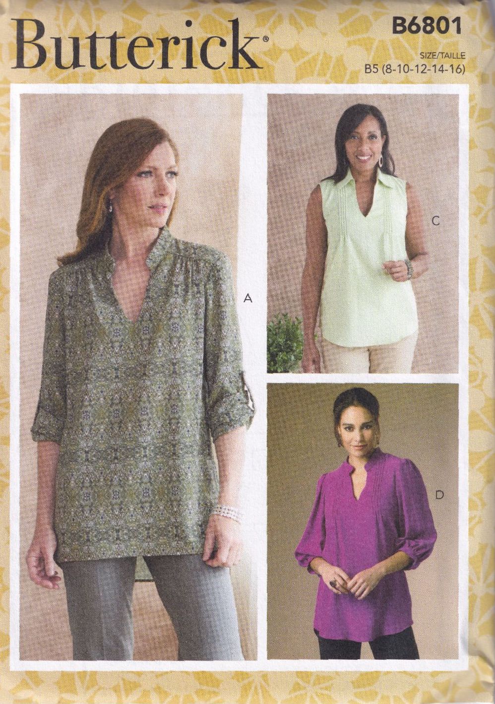 BUTTERICK B6801 TOPS SEWING PATTERN- SIZE B5 (8,10,12,14,16)
