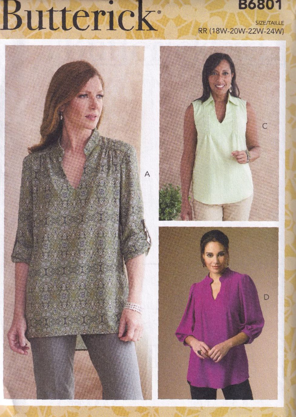 BUTTERICK B6801 TOPS SEWING PATTERN- SIZE RR (18,20,22,24)