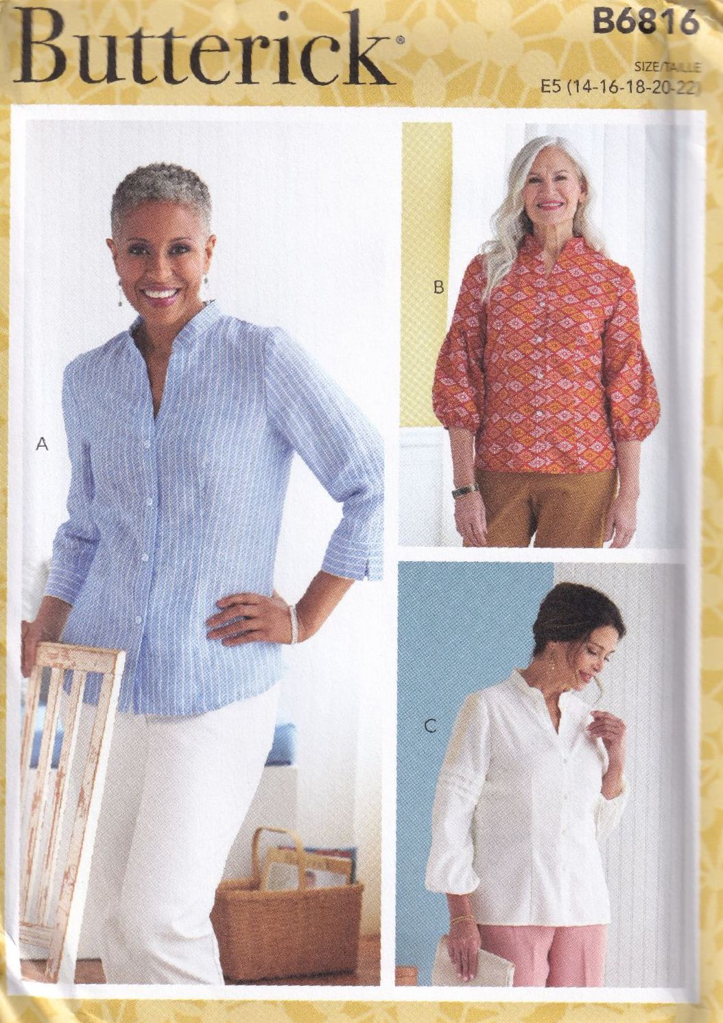 BUTTERICK B6816 TOPS SEWING PATTERN- SIZE E5 (14,16,18,20,22)