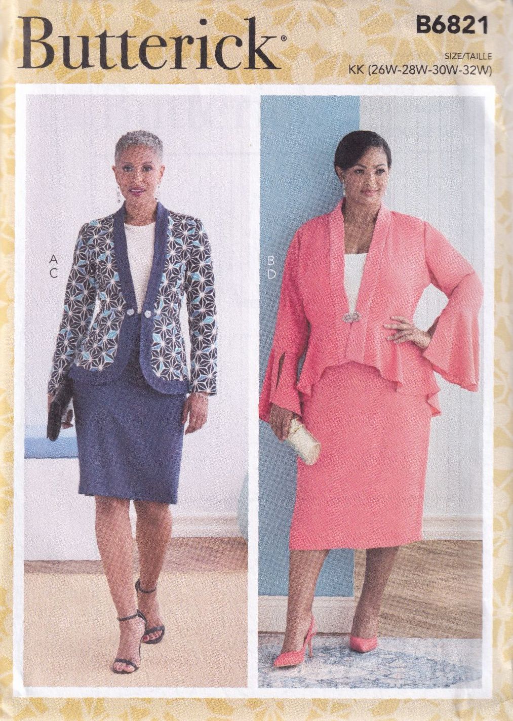 BUTTERICK B6821 JACKET AND SKIRT SEWING PATTERN-SIZE KK (26,28,30,32)