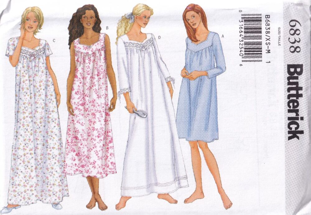BUTTERICK B6838 NIGHT GOWN SEWING PATTERN- SIZE XS-M