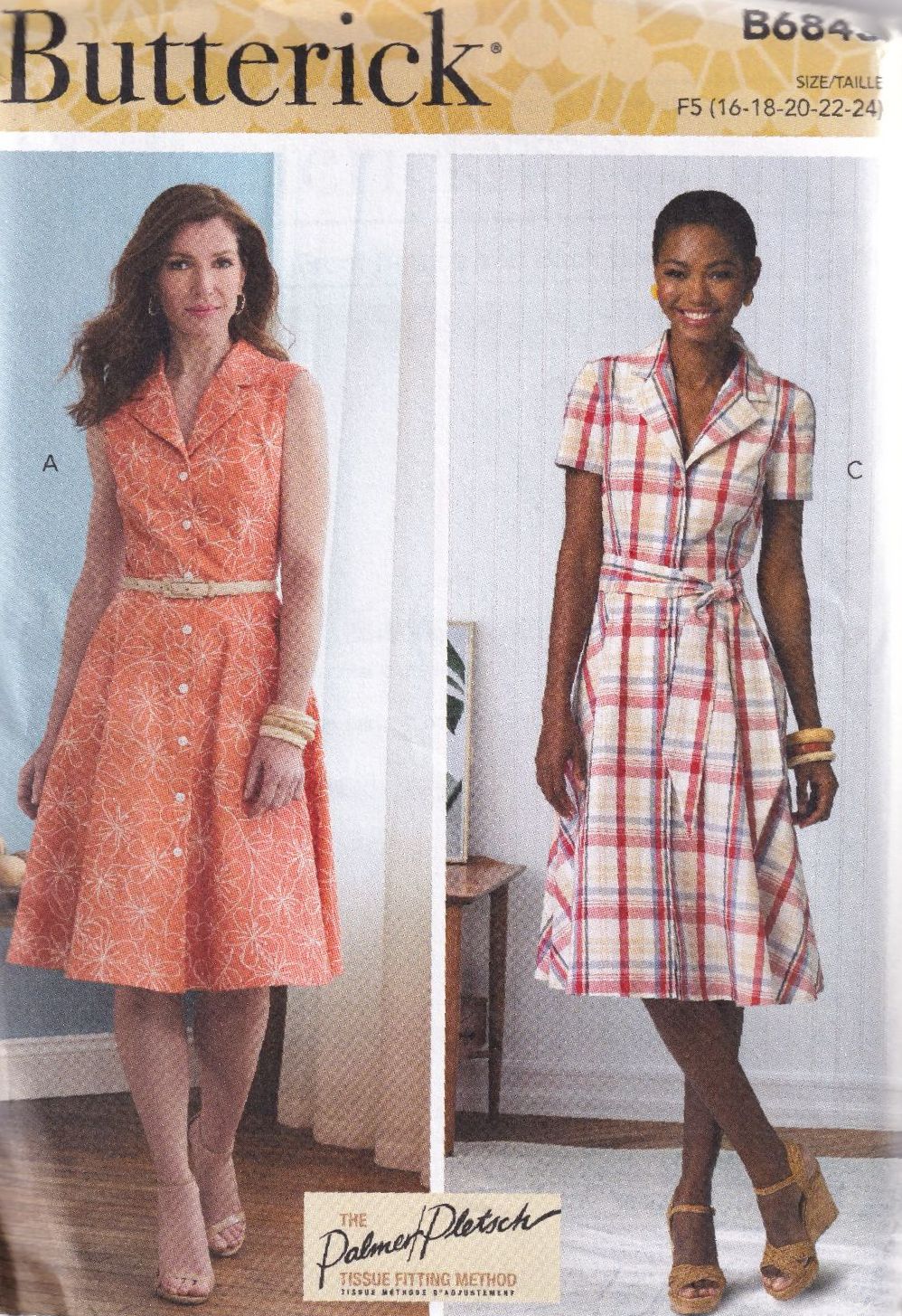 BUTTERICK B6843 SHIRT DRESS SEWING PATTERN- SIZE F5 (16,18,20,22,24)