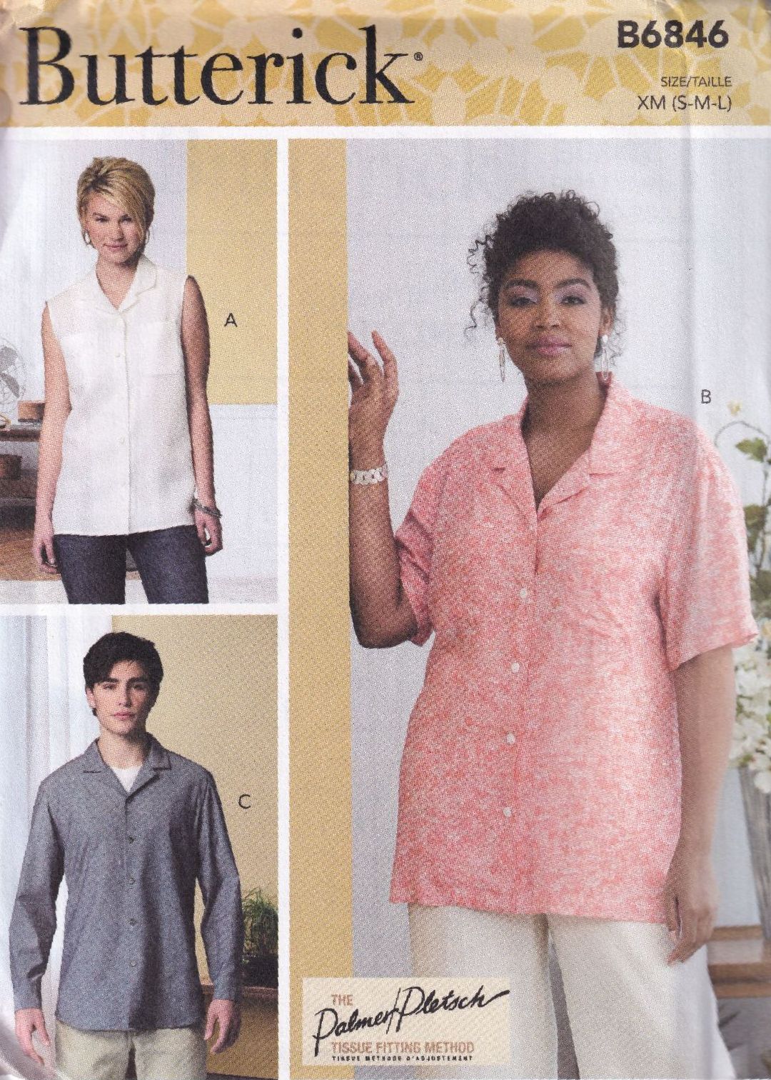 BUTTERICK B6846 BUTTON-DOWN SHIRT SEWING PATTERN- SIZE XM (S,M,L)