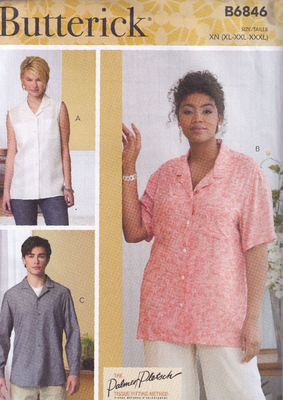 BUTTERICK B6846 BUTTON-DOWN SHIRT SEWING PATTERN- SIZE XN (XL,XXL,XXXL)