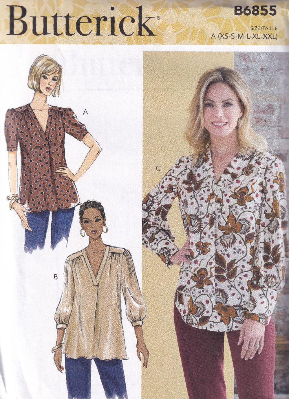 BUTTERICK B6855 TOPS SEWING PATTERN- SIZE A (XS,S,M,L,XL,XXL)