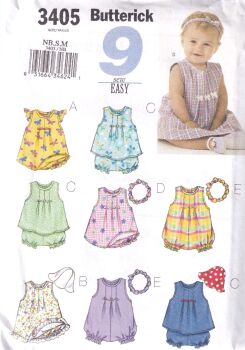 BUTTERICK B3405 INFANTS DRESS, ROMPER, PANTS, HAT & HEADBAND SEWING PATTERN- SIZE NB,S,M