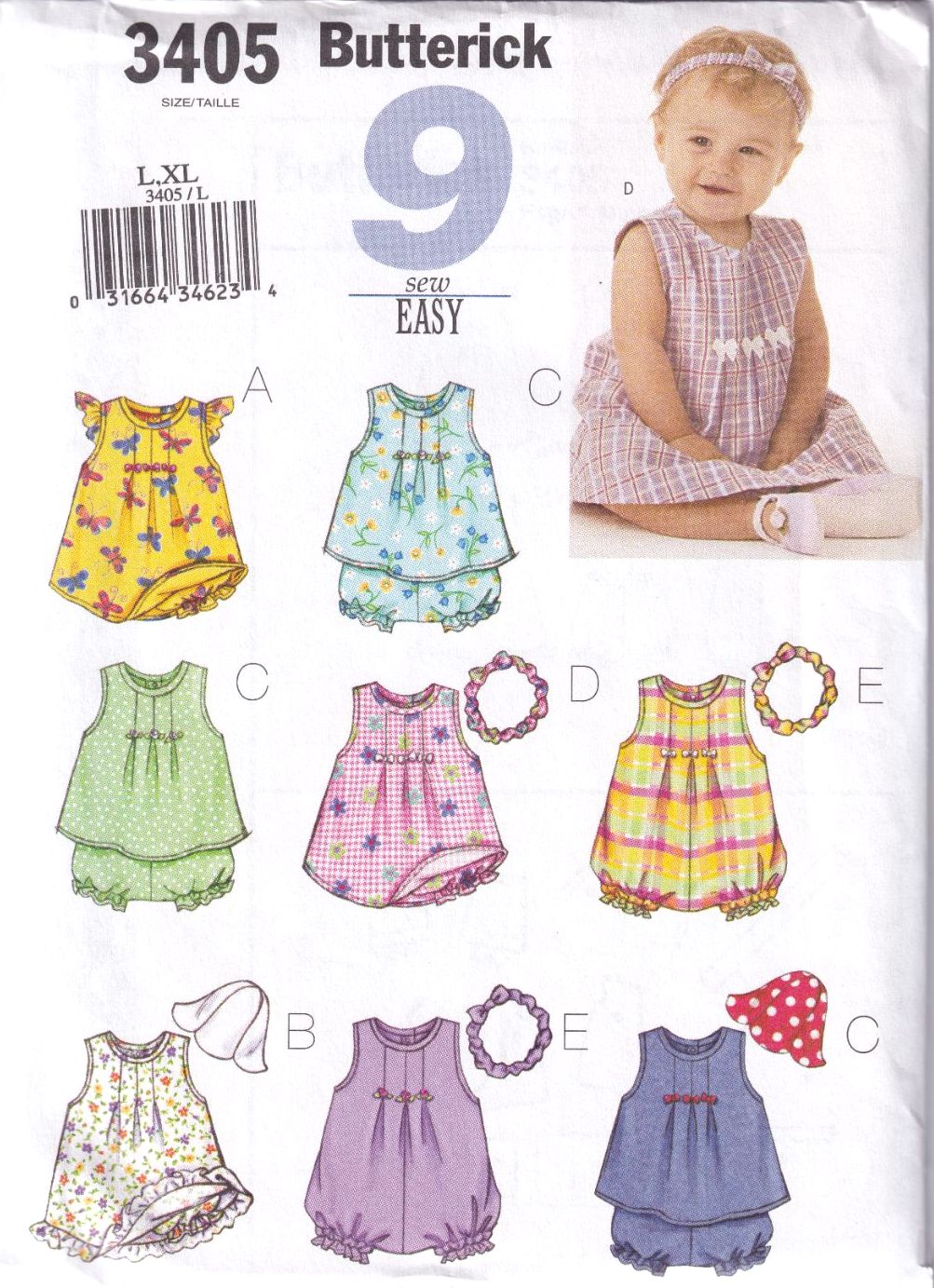 BUTTERICK B3405 INFANTS DRESS, ROMPER, PANTS, HAT & HEADBAND SEWING PATTERN