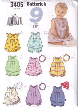 BUTTERICK B3405 INFANTS DRESS, ROMPER, PANTS, HAT & HEADBAND SEWING PATTERN- SIZE L,XL