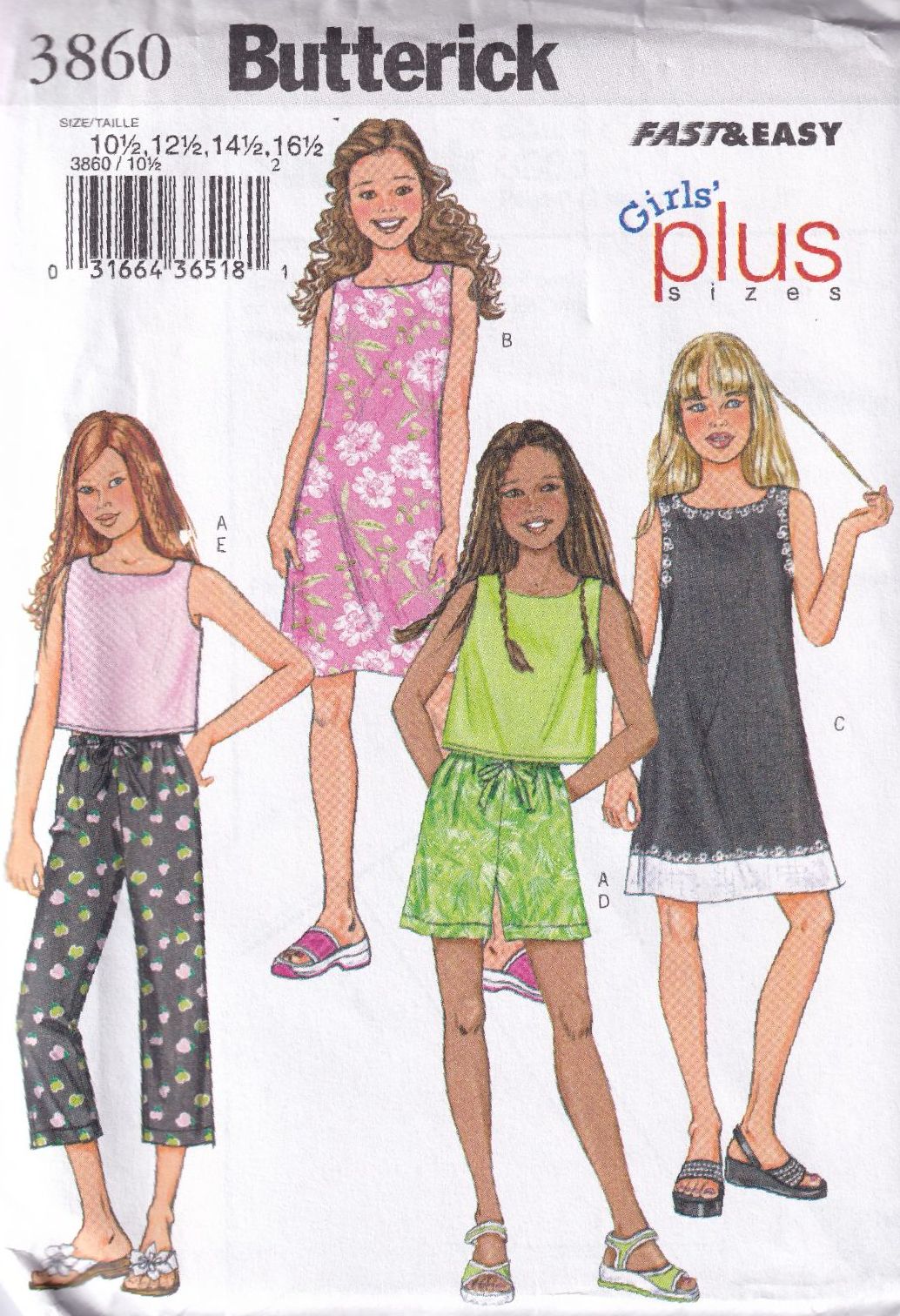BUTTERICK B3860 GIRLS TOP,DRESS,SHORTS AND PANTS SEWING PATTERN- SIZE 10.5,