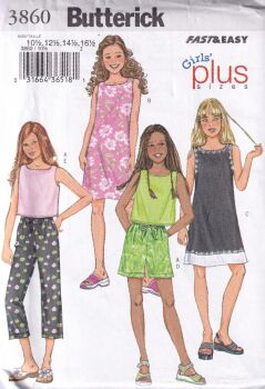 BUTTERICK B3860 GIRLS TOP,DRESS,SHORTS AND PANTS SEWING PATTERN- SIZE 10.5,12.5,14.5,16.5