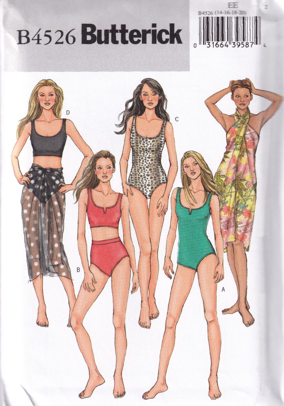 BUTTERICK B4526 SWIMSUIT AND WRAP SEWING PATTERN-SIZE EE(14,16,18,20)