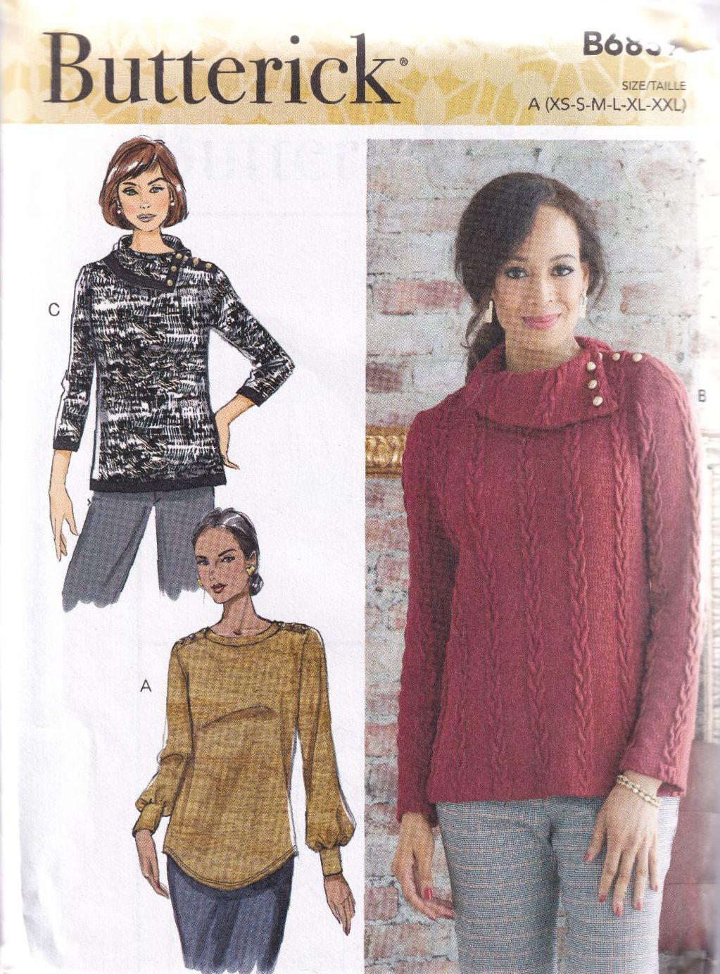 BUTTERICK B6857 TOPS SEWING PATTERN-SIZE A (XS,S,M,L,XL,XXL)
