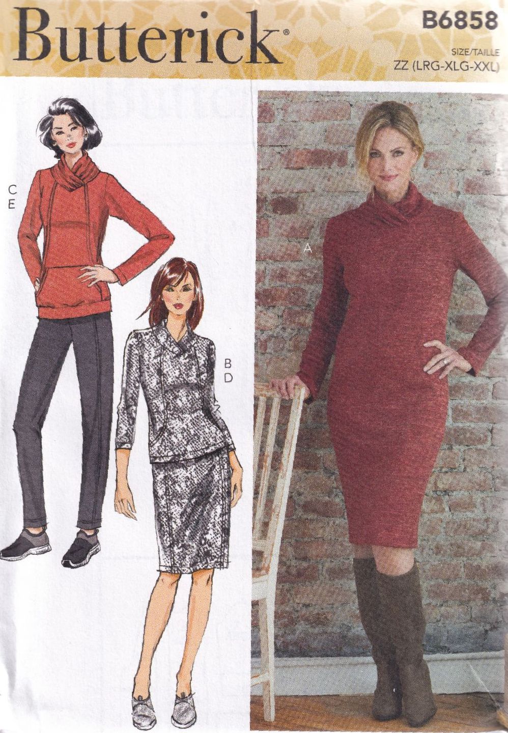 BUTTERICK B6858 DRESS, TOP, SKIRT AND PANTS SEWING PATTERN- SIZE ZZ (L,XL,X