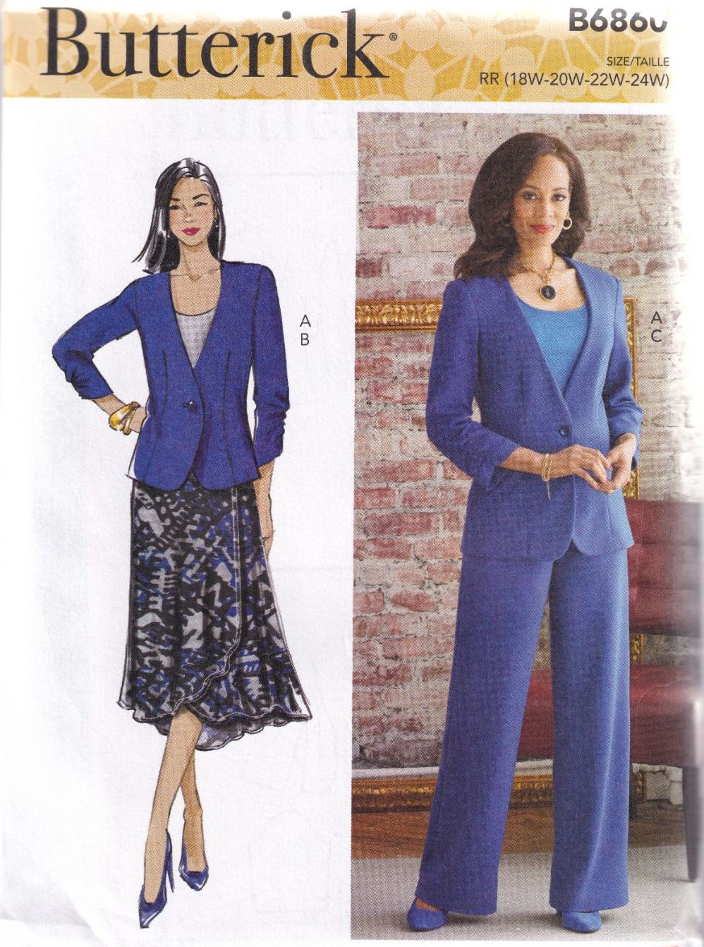 BUTTERICK B6860 JACKET, SKIRT AND PANTS SEWING PATTERN-SIZE RR(18,20,22,24)
