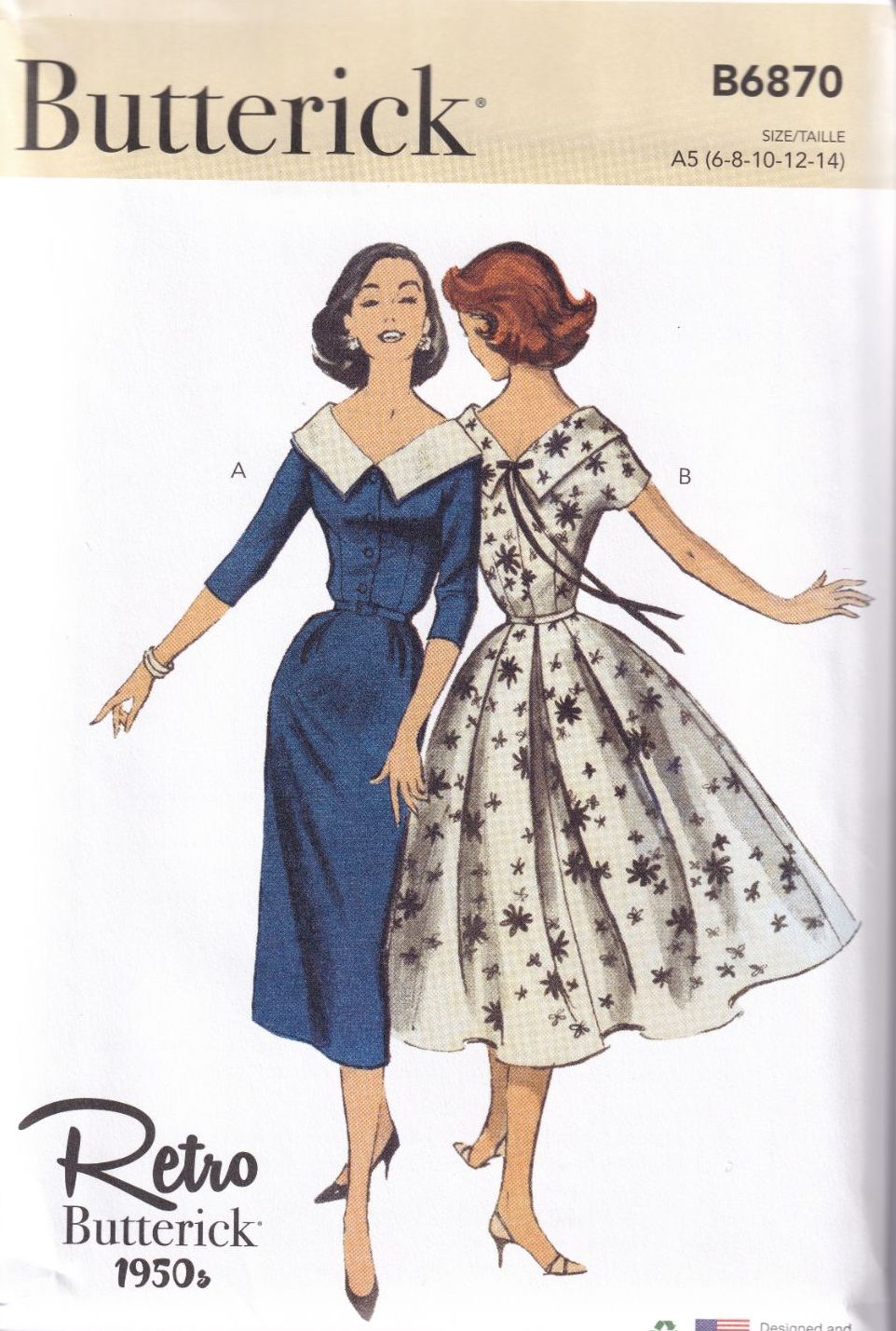 BUTTERICK B6870 RETRO 1950s DRESS SEWING PATTERN-SIZE A5 (6,8,10,12,14)