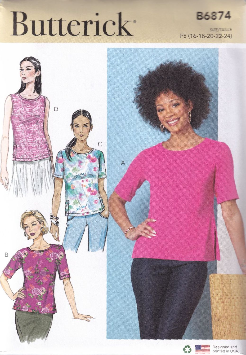 BUTTERICK B6874 TOPS SEWING PATTERN-SIZE F5 (16,18,20,22.24)
