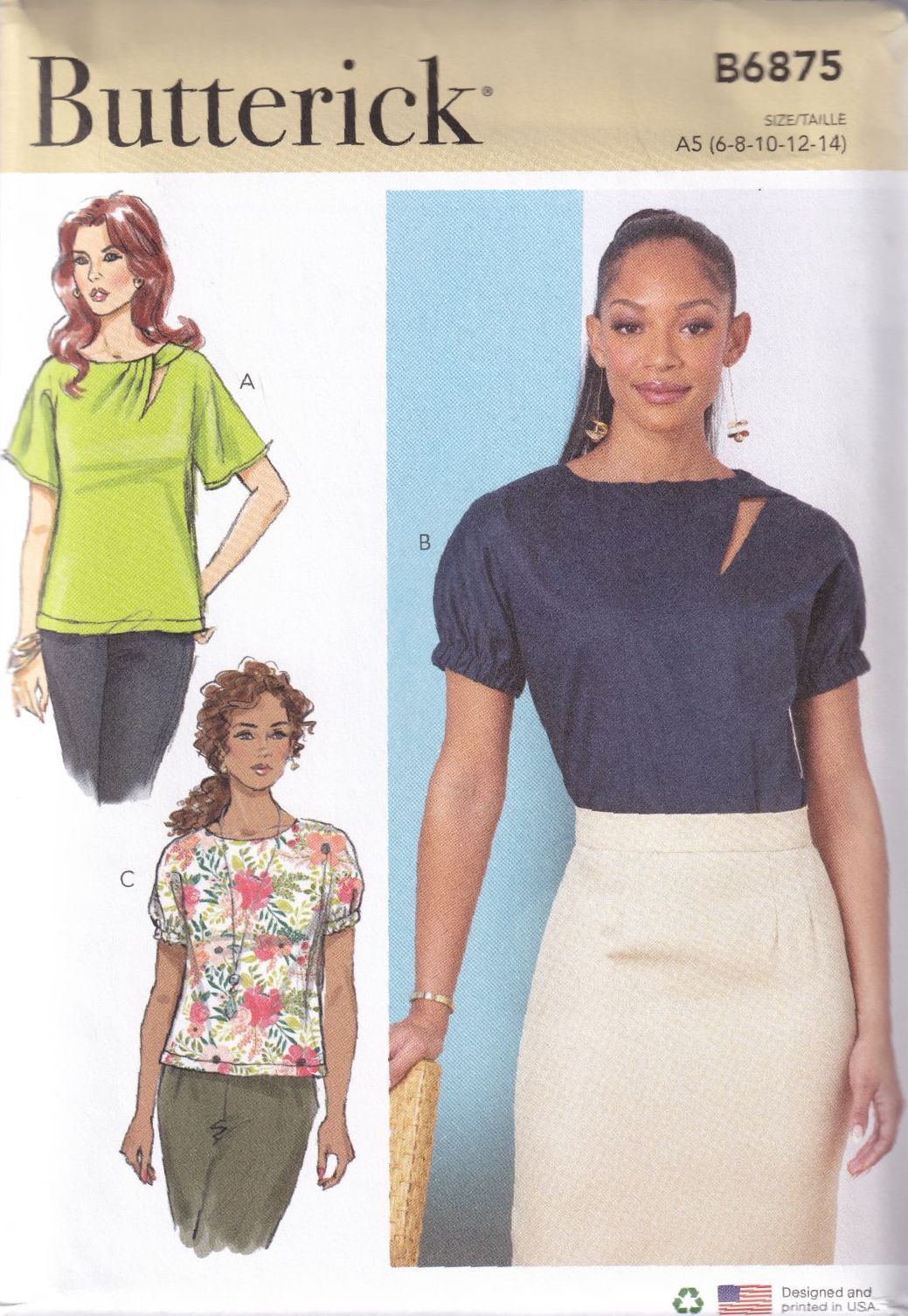 BUTTERICK B6875 TOPS SEWING PATTERN - SIZE A5 (6,8,10,12,14)