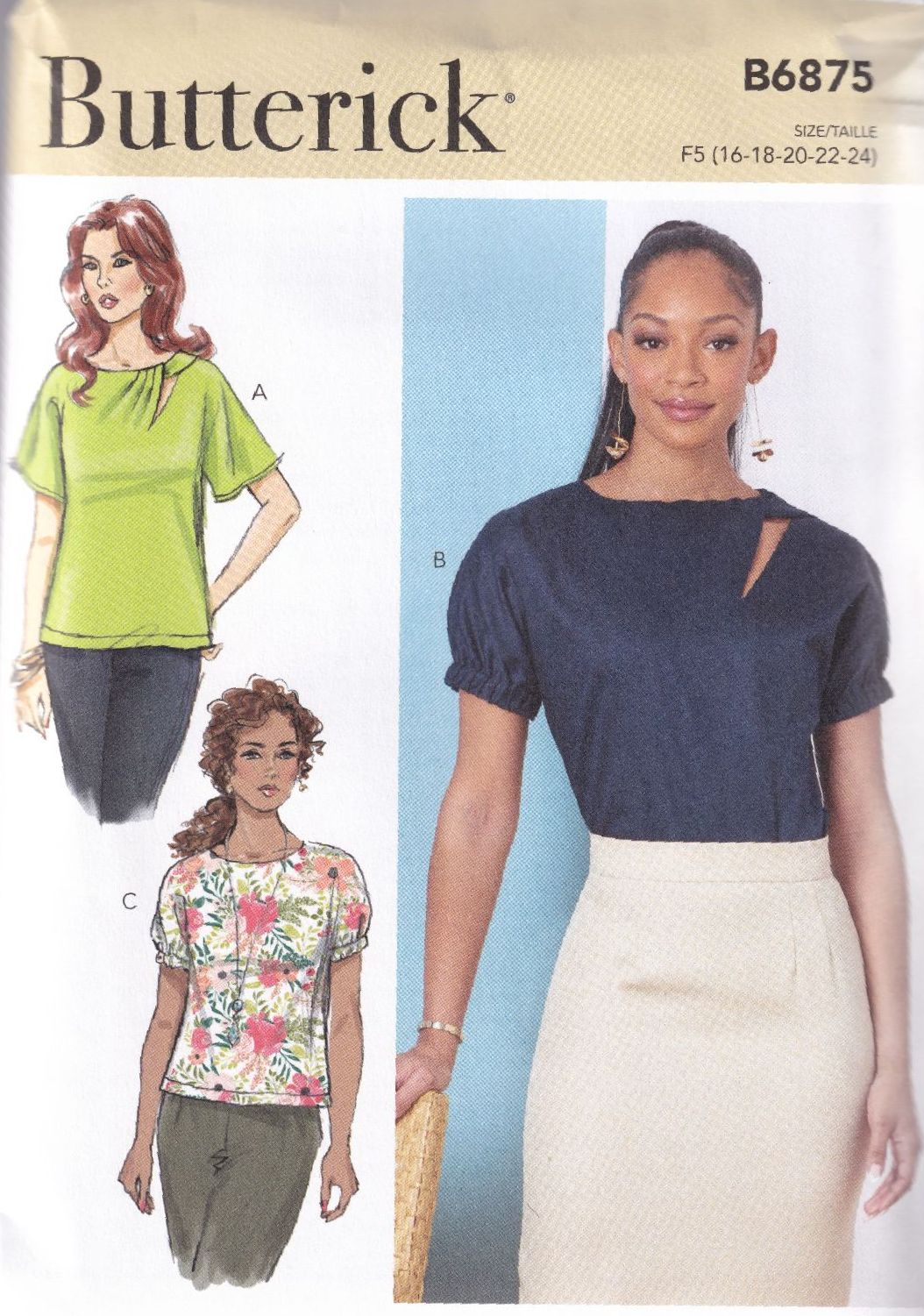 BUTTERICK B6875 TOPS SEWING PATTERN - SIZE F5 (16,18,20,22,24)