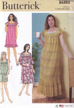 BUTTERICK B6883 NIGHTGOWN AND SHORTS SEWING PATTERN-SIZE Y (XS,S,M)