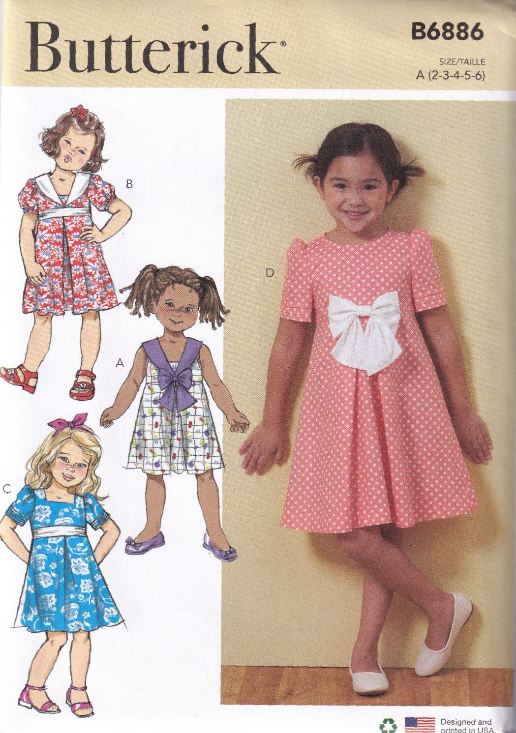 BUTTERICK B6886 CHILDRENS DRESS SEWING PATTERN-SIZE A (2,3,4,5,6)