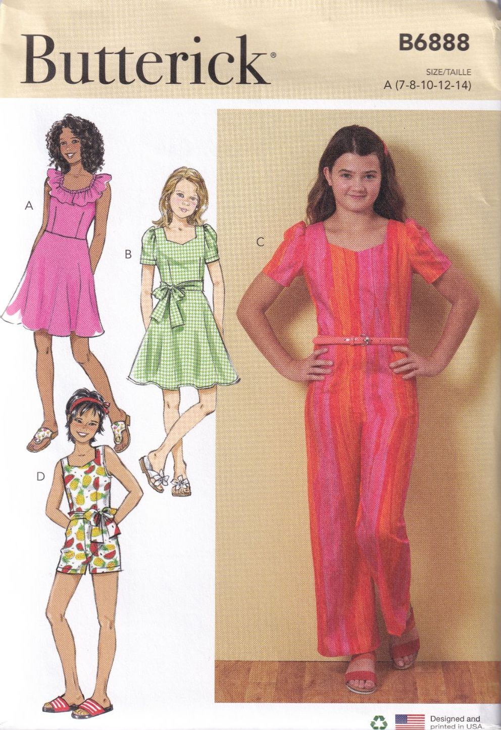 BUTTERICK B6888 GIRLS DRESS, ROMPER AND JUMPSUIT SEWING PATTERN-SIZE A(7,8,