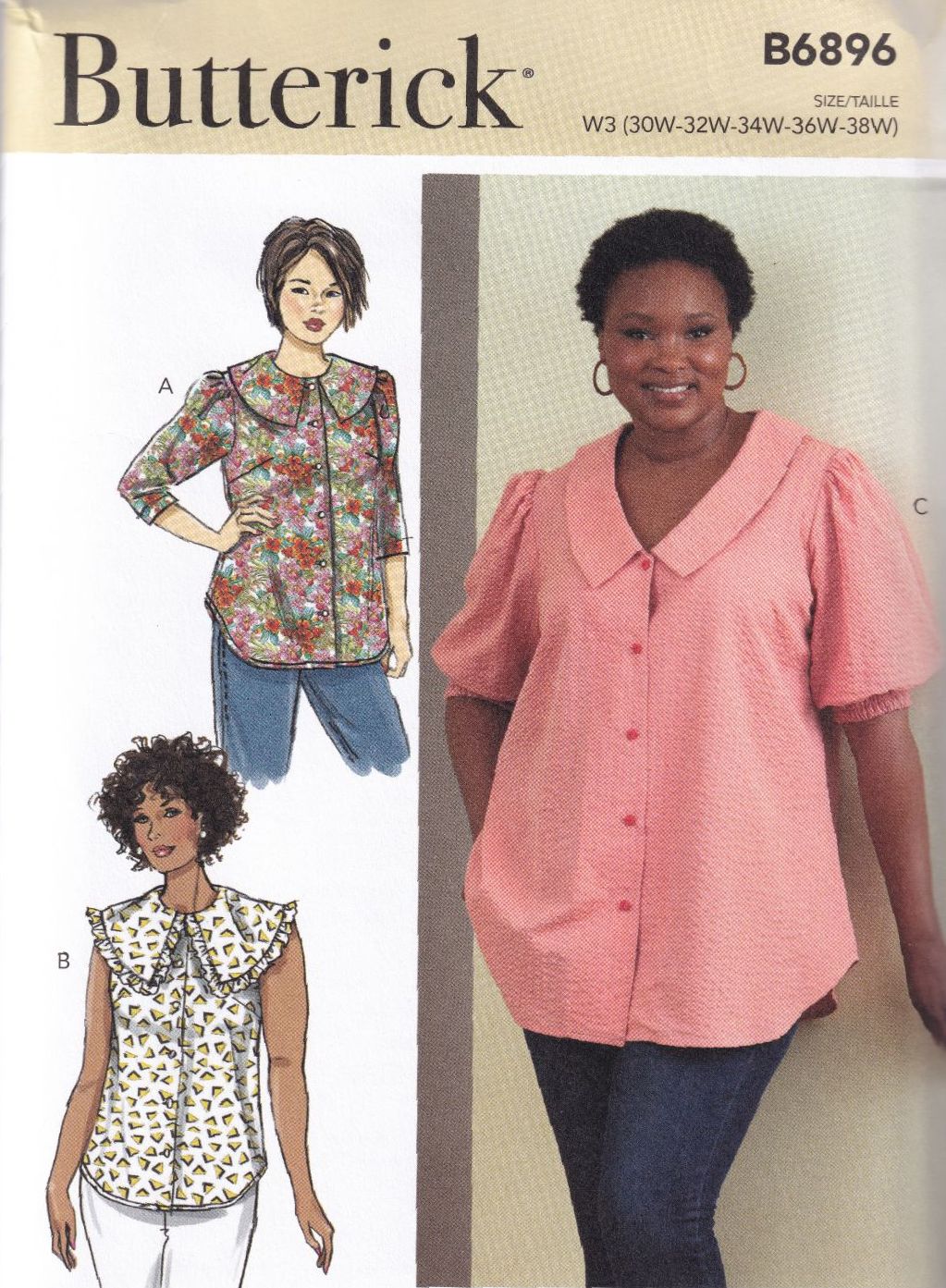 BUTTERICK B6896 TOPS SEWING PATTERN-SIZE W3 (30,32,34,36,38)