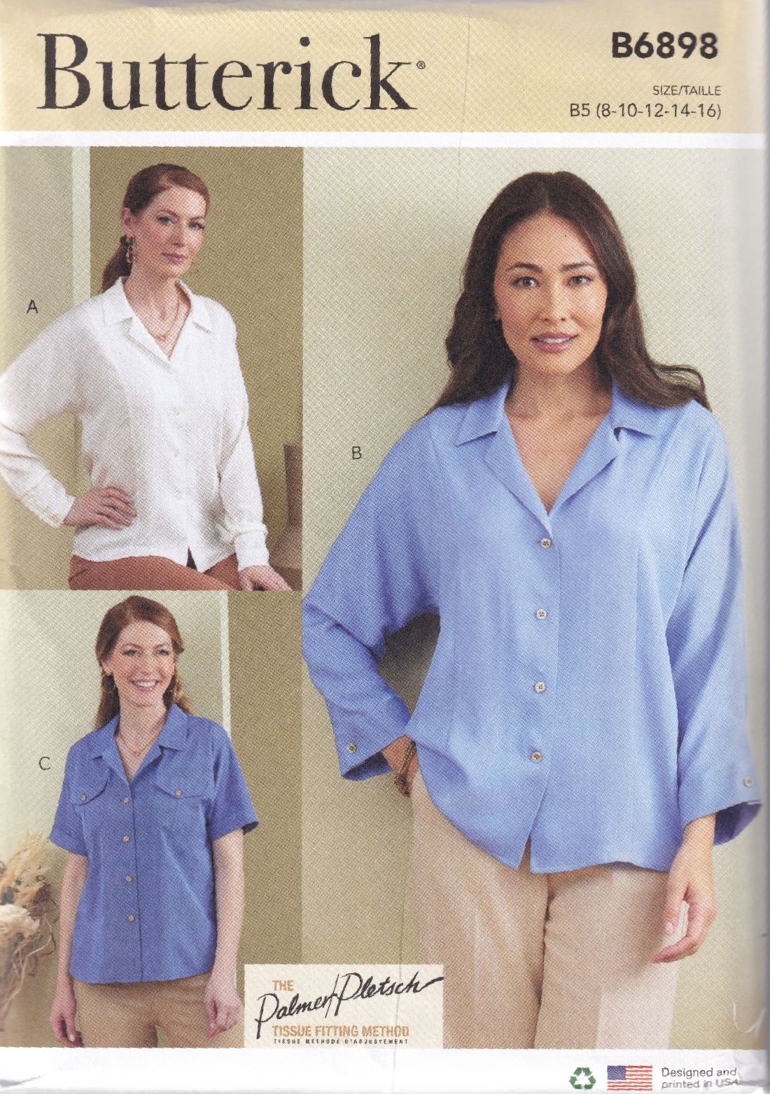 BUTTERICK B6898 TOPS SEWING PATTERN-SIZE B5 (8,10,12,14,16)