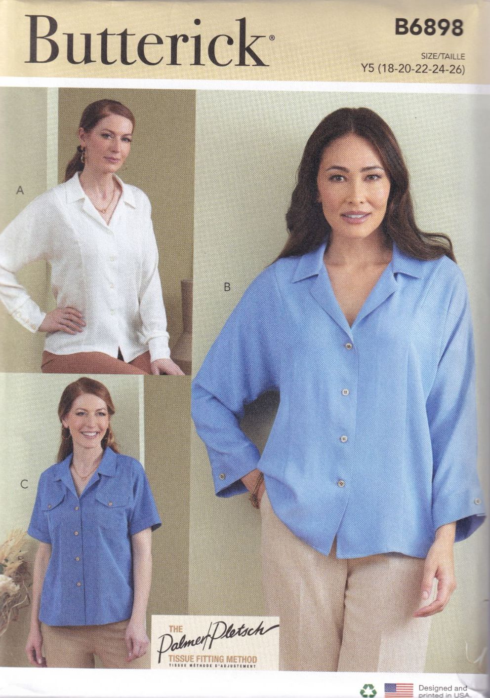 BUTTERICK B6898 TOPS SEWING PATTERN- SIZE Y5 (18,20,22,24,26)