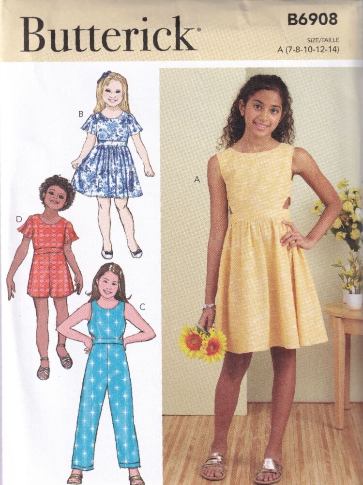 BUTTERICK B6908 GIRLS DRESS, JUMPSUIT AND ROMPER SEWING PATTERN-SIZE A(7,8,