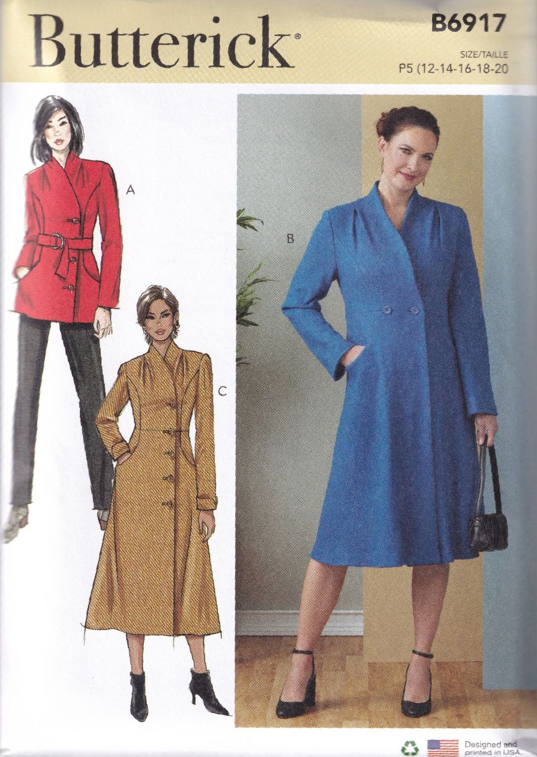 BUTTERICK B6917 COAT SEWING PATTERN-SIZE P5 (12,14,16,18,20)