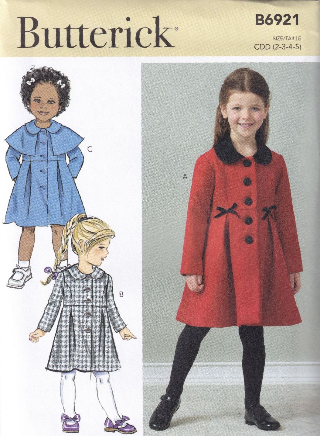 BUTTERICK B6921 CHILDRENS COAT SEWING PATTERN-SIZE CDD (2,3,4,5)