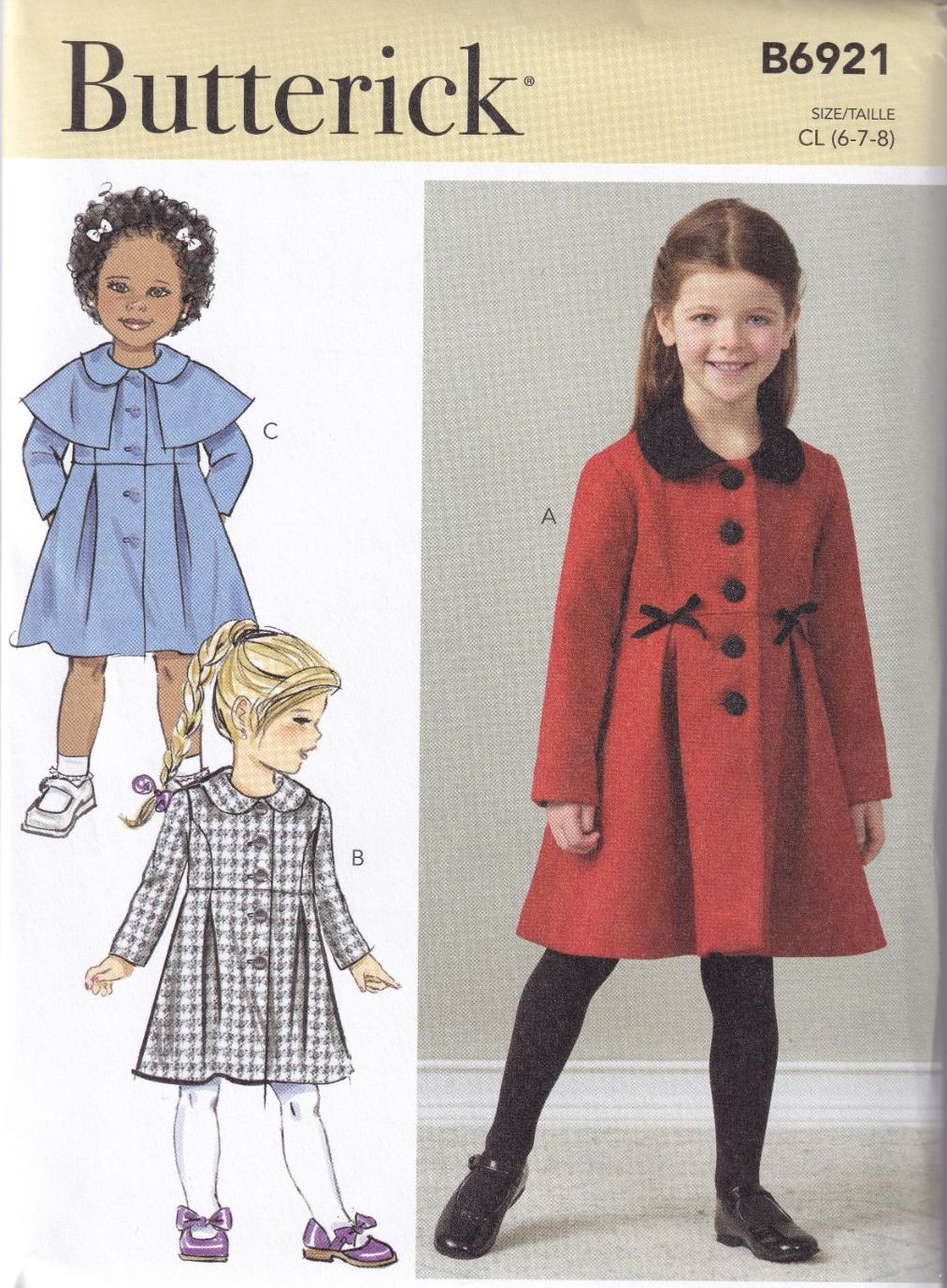 BUTTERICK B6921 CHILDRENS COAT SEWING PATTERN-SIZE CL (6,7,8)