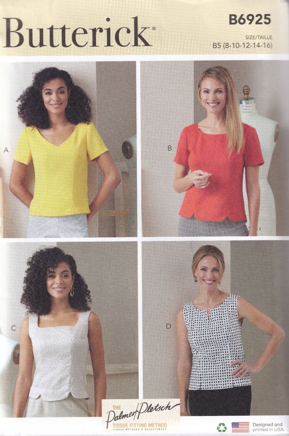 BUTTERICK B6925 TOPS SEWING PATTERN-SIZE B5 (8,10,12,14,16)