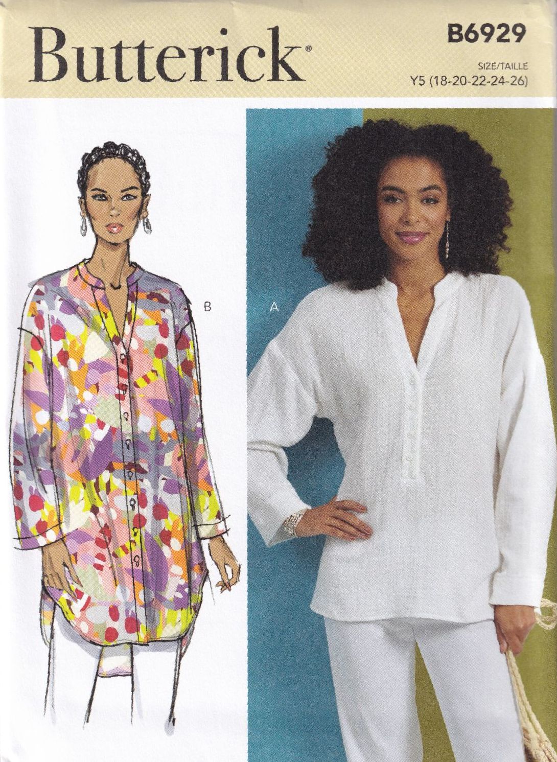 BUTTERICK B6929 TOP AND TUNIC SEWING PATTERN-SIZE Y5 (18,20,22,24,26)