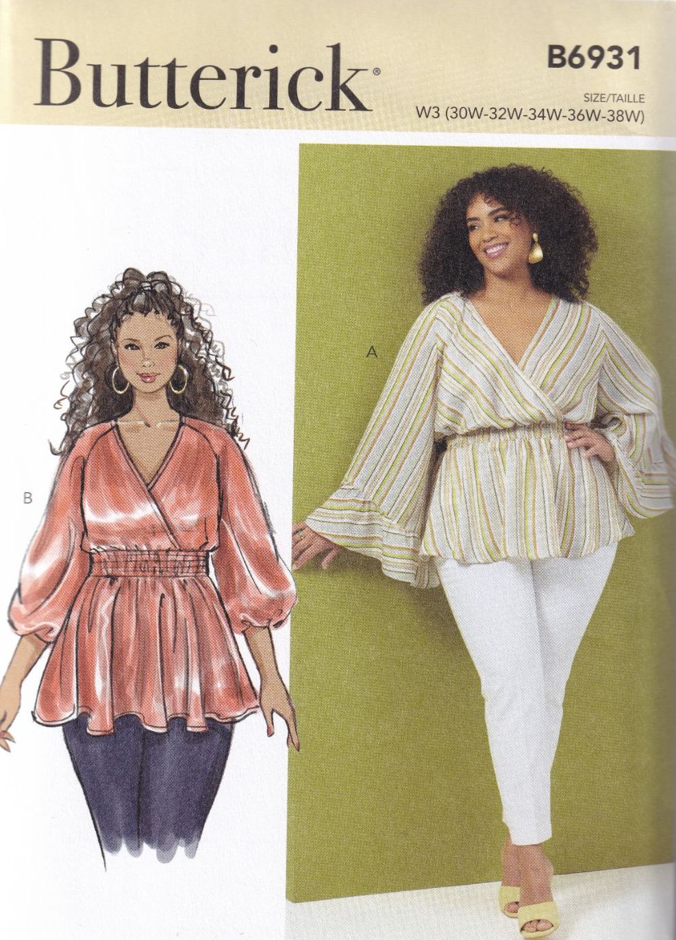 BUTTERICK B6931 TOP SEWING PATTERN-SIZE W3 (30,32,34,36,38)