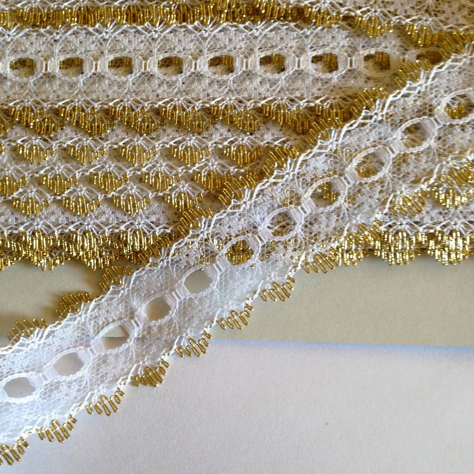 Eyelet Lace - White with Gold (per metre)
