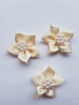 Cream Satin Flower with Bead Centre (Pack of 4)