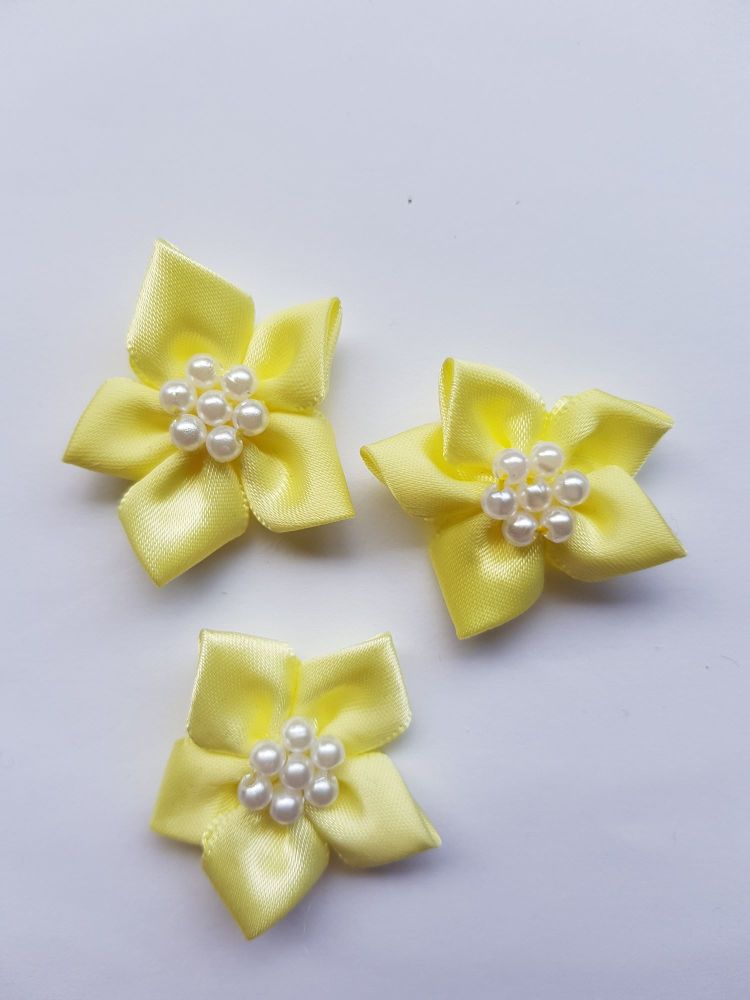 Lemon Satin Flower with Bead Centre (each)