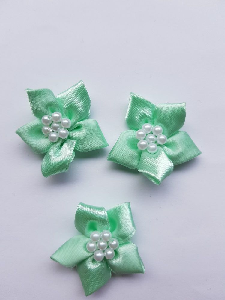 Mint Satin Flower with Bead Centre (Pack of 4)