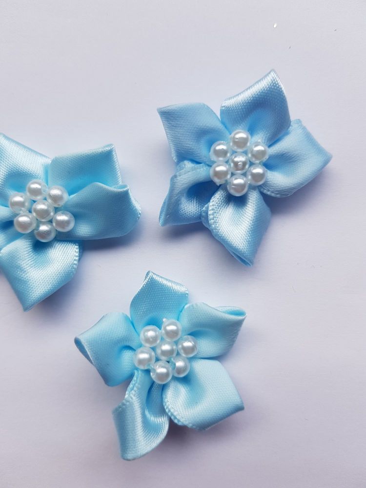 Pale Blue Satin Flower with Bead Centre (each)