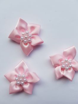 Pink Satin Flower with Bead Centre (Pack of 4)