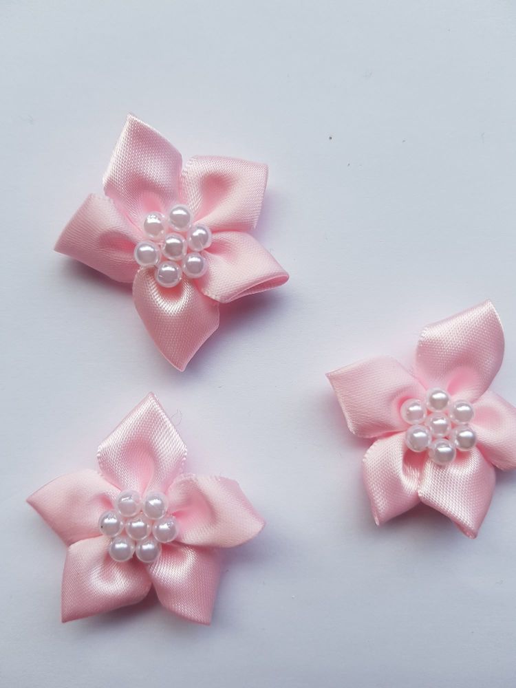 Pink Satin Flower with Bead Centre (each)